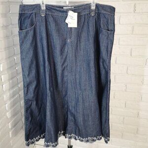 NWT C.J. Banks Ladies Size 2X A-line Midi Denim Skirt w/ Embroidered Bottom